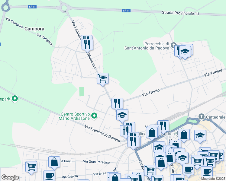 map of restaurants, bars, coffee shops, grocery stores, and more near 25 Via Leonardo Walter Manzone in Vercelli
