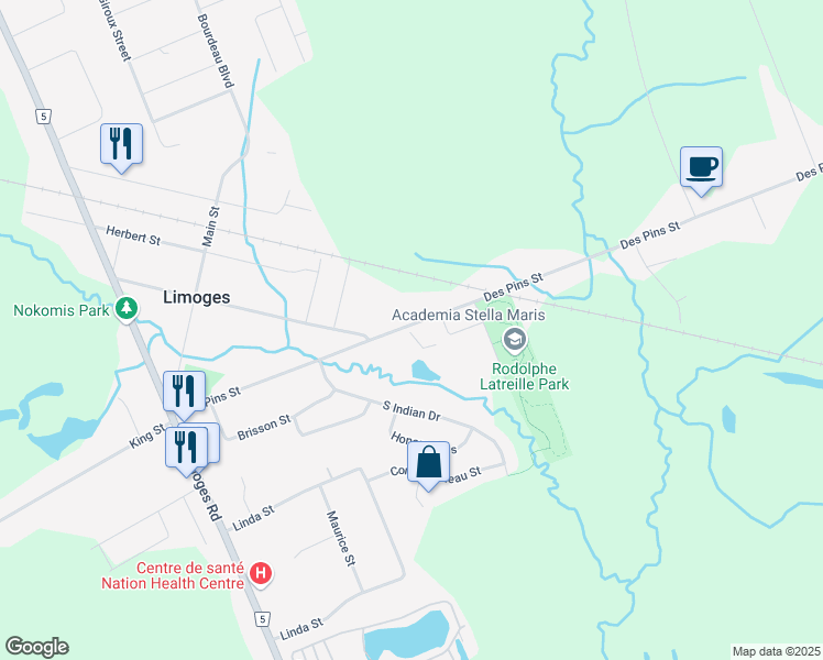 map of restaurants, bars, coffee shops, grocery stores, and more near 2091 Des Pins Street in Limoges