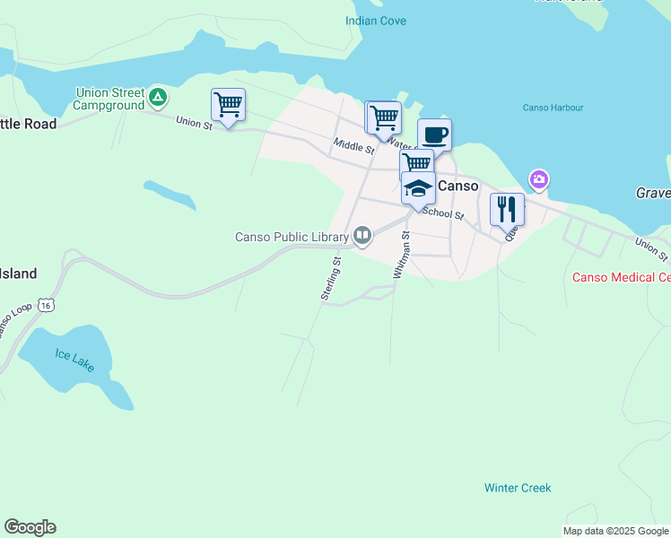 map of restaurants, bars, coffee shops, grocery stores, and more near Sterling Street in Canso
