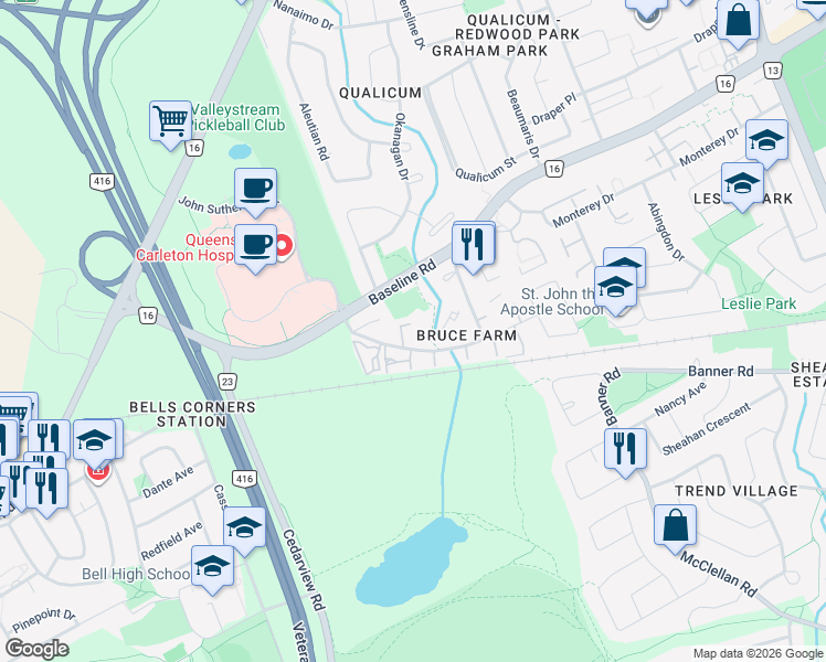 map of restaurants, bars, coffee shops, grocery stores, and more near 91 Valley Stream Drive in Ottawa