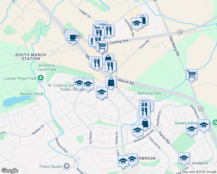 map of restaurants, bars, coffee shops, grocery stores, and more near 29 Jackson Court in Ottawa