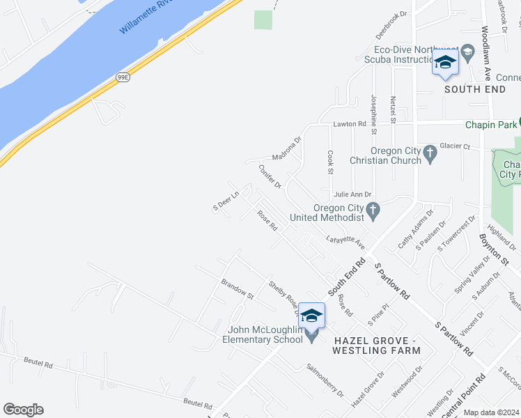 map of restaurants, bars, coffee shops, grocery stores, and more near 18885 Rose Road in Oregon City