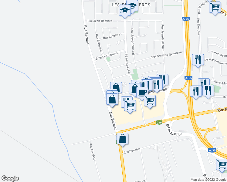 map of restaurants, bars, coffee shops, grocery stores, and more near 4 Rue Honoré-Laure in Saint-Jean-sur-Richelieu