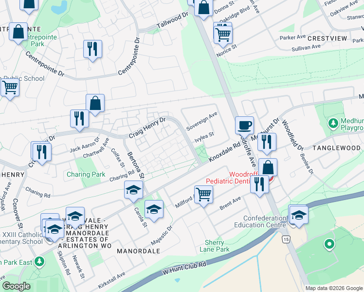 map of restaurants, bars, coffee shops, grocery stores, and more near 41 Woodvale Green in Ottawa