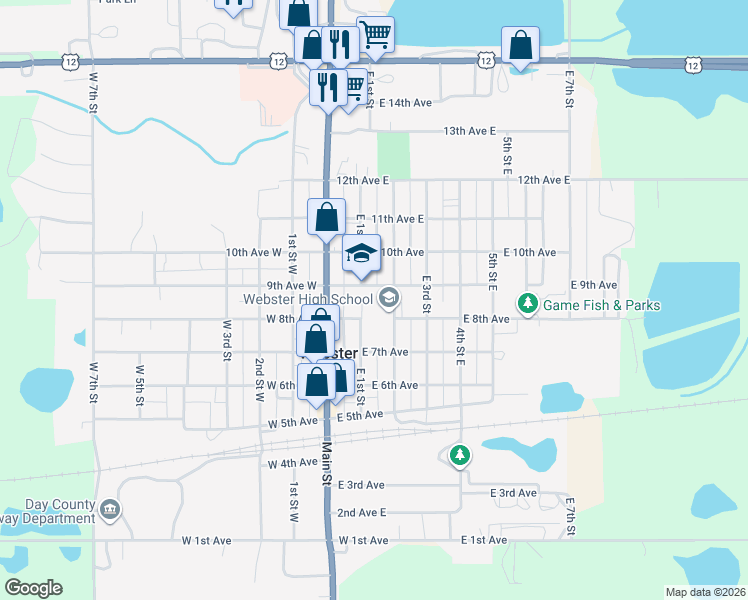 map of restaurants, bars, coffee shops, grocery stores, and more near 102 East 9th Avenue in Webster