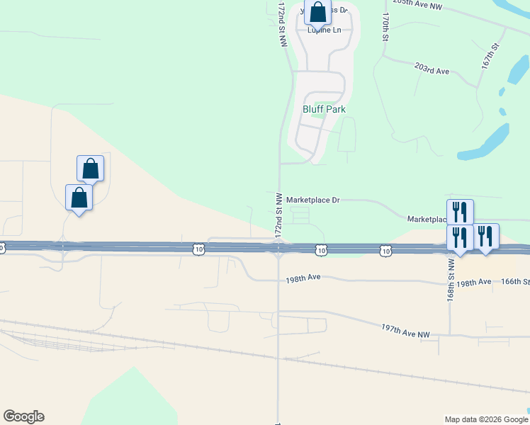 map of restaurants, bars, coffee shops, grocery stores, and more near 20028 172nd Street Northwest in Big Lake