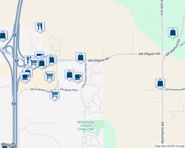 map of restaurants, bars, coffee shops, grocery stores, and more near 25800 Southwest Canyon Creek Road in Wilsonville