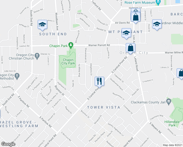 map of restaurants, bars, coffee shops, grocery stores, and more near 18838 Allegheny Drive in Oregon City