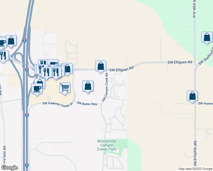 map of restaurants, bars, coffee shops, grocery stores, and more near 25604 Canyon Creek Road North in Wilsonville