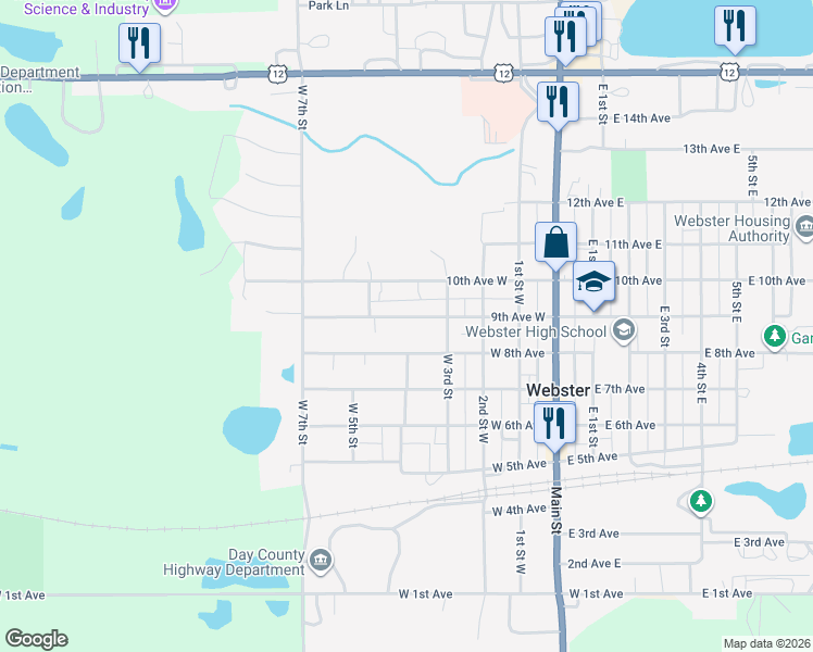 map of restaurants, bars, coffee shops, grocery stores, and more near 320 9th Avenue West in Webster