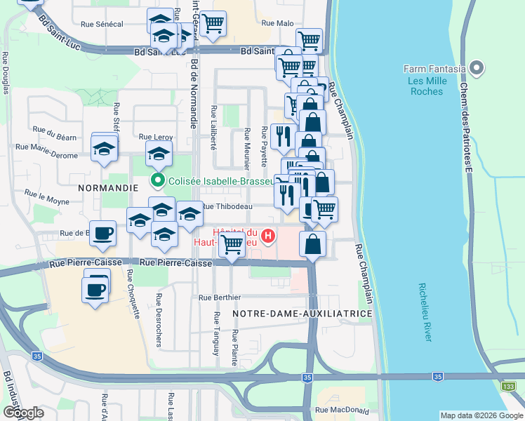 map of restaurants, bars, coffee shops, grocery stores, and more near 380 Rue Thibodeau in Saint-Jean-sur-Richelieu