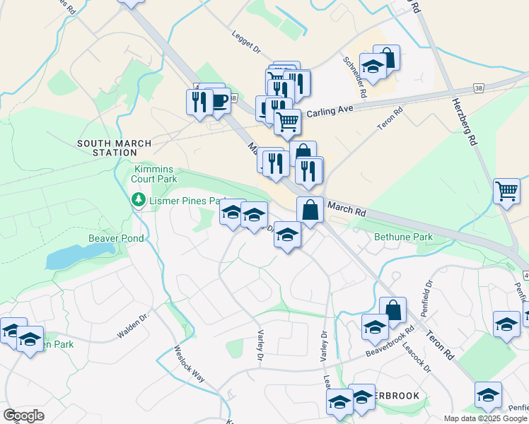 map of restaurants, bars, coffee shops, grocery stores, and more near Carson Way in Ottawa