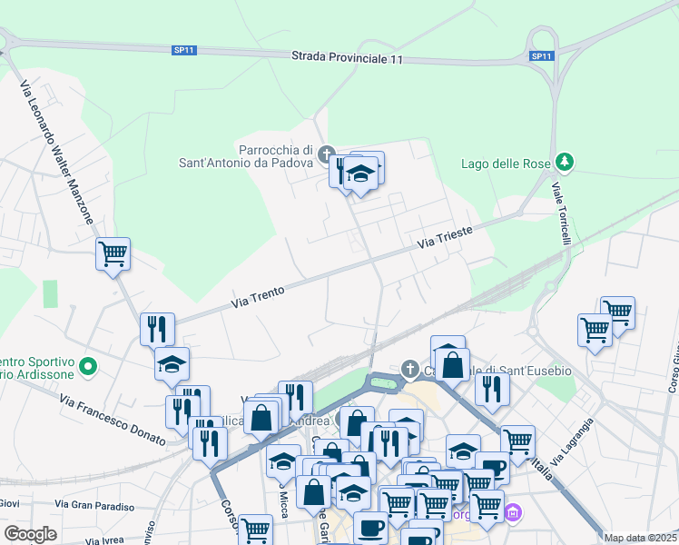map of restaurants, bars, coffee shops, grocery stores, and more near 44A Via Trento in Vercelli