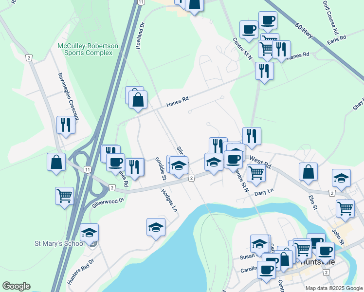 map of restaurants, bars, coffee shops, grocery stores, and more near 27 Silver Street in Huntsville