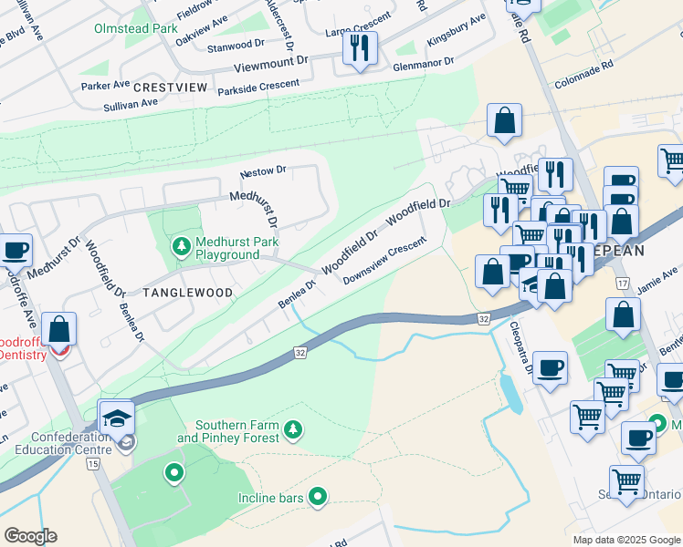 map of restaurants, bars, coffee shops, grocery stores, and more near 68 Downsview Crescent in Ottawa