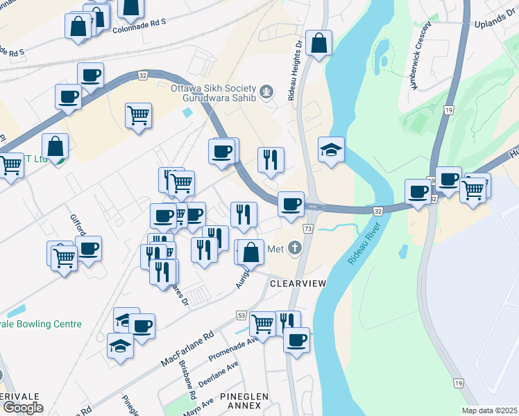 map of restaurants, bars, coffee shops, grocery stores, and more near in Ottawa