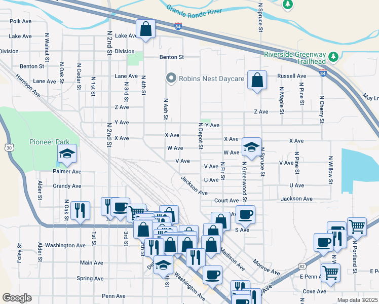 map of restaurants, bars, coffee shops, grocery stores, and more near 1219 W Avenue in La Grande