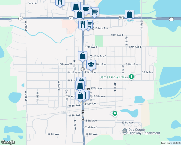 map of restaurants, bars, coffee shops, grocery stores, and more near 102 East 9th Avenue in Webster