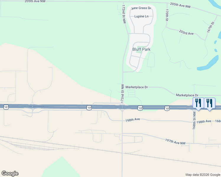 map of restaurants, bars, coffee shops, grocery stores, and more near 20028 172nd Street Northwest in Big Lake
