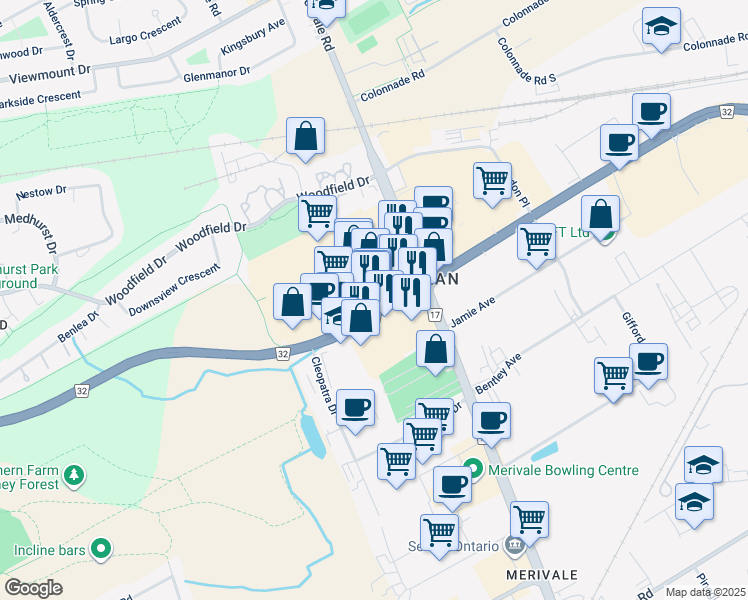 map of restaurants, bars, coffee shops, grocery stores, and more near 527 West Hunt Club Road in Ottawa