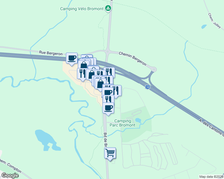 map of restaurants, bars, coffee shops, grocery stores, and more near 8 Boulevard de Bromont in Bromont