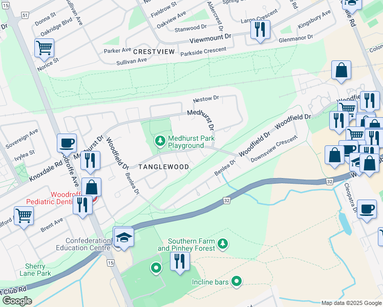 map of restaurants, bars, coffee shops, grocery stores, and more near 218 Woodfield Drive in Ottawa