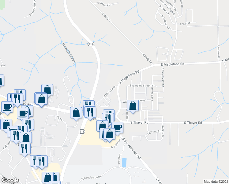 map of restaurants, bars, coffee shops, grocery stores, and more near 14362 South Maple Lane Court in Oregon City