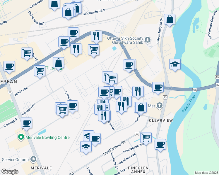 map of restaurants, bars, coffee shops, grocery stores, and more near in Ottawa