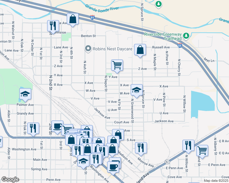 map of restaurants, bars, coffee shops, grocery stores, and more near 1317 W Avenue in La Grande