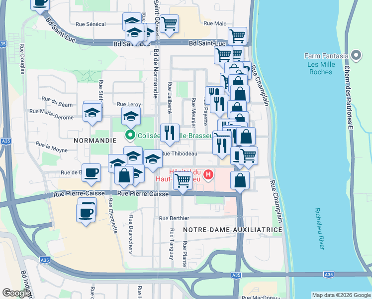 map of restaurants, bars, coffee shops, grocery stores, and more near 415 Rue Thibodeau in Saint-Jean-sur-Richelieu