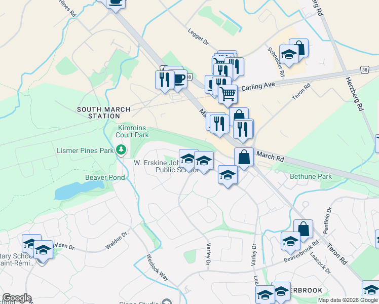map of restaurants, bars, coffee shops, grocery stores, and more near 14 Lismer Crescent in Ottawa