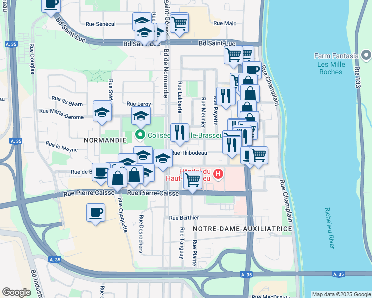 map of restaurants, bars, coffee shops, grocery stores, and more near in Saint-Jean-sur-Richelieu