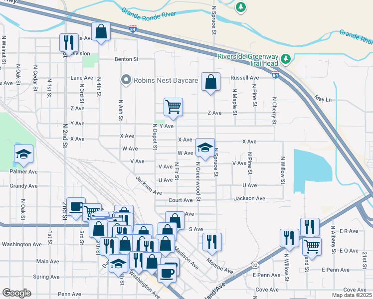 map of restaurants, bars, coffee shops, grocery stores, and more near 1411 W Avenue in La Grande