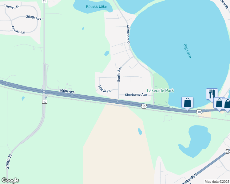 map of restaurants, bars, coffee shops, grocery stores, and more near 106 Euclid Avenue in Big Lake