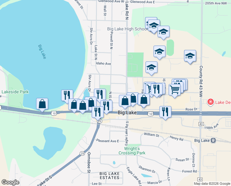 map of restaurants, bars, coffee shops, grocery stores, and more near 431 Martin Avenue in Big Lake