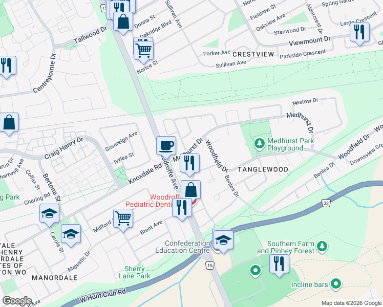 map of restaurants, bars, coffee shops, grocery stores, and more near 146C Medhurst Drive in Ottawa
