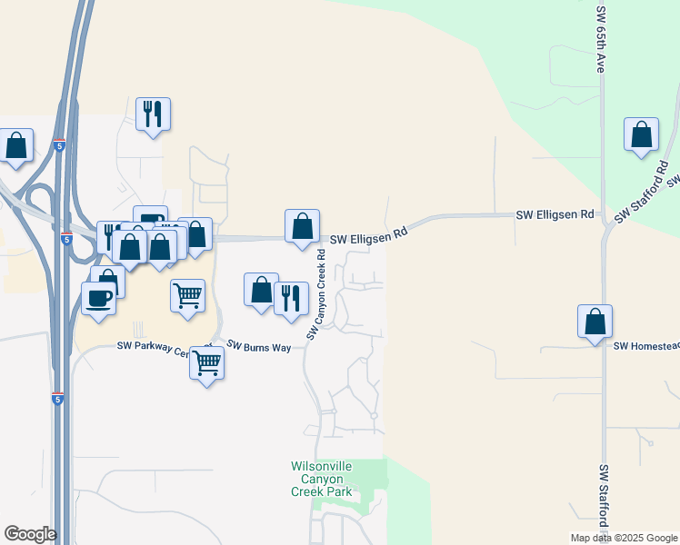 map of restaurants, bars, coffee shops, grocery stores, and more near 25604 Canyon Creek Road North in Wilsonville