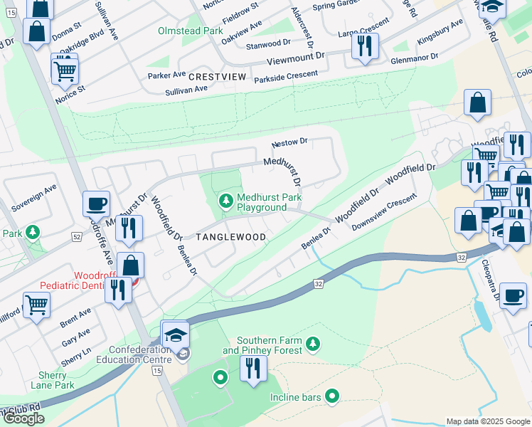 map of restaurants, bars, coffee shops, grocery stores, and more near 224 Woodfield Drive in Ottawa