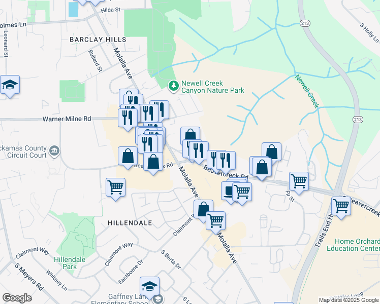 map of restaurants, bars, coffee shops, grocery stores, and more near 1607 Beavercreek Rd in Oregon City