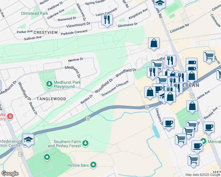 map of restaurants, bars, coffee shops, grocery stores, and more near 48 Downsview Crescent in Ottawa