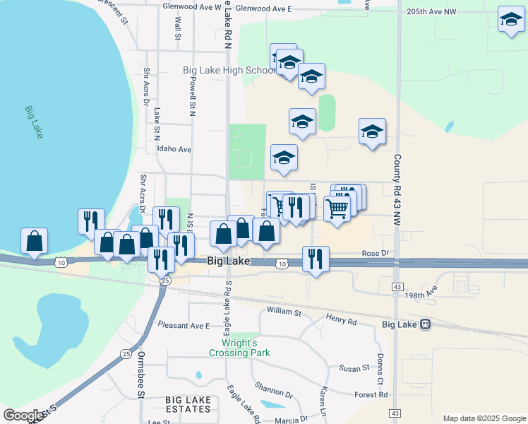 map of restaurants, bars, coffee shops, grocery stores, and more near 350 Fern Street in Big Lake