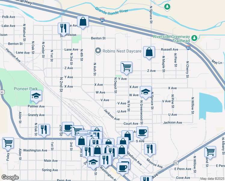map of restaurants, bars, coffee shops, grocery stores, and more near 1219 W Avenue in La Grande