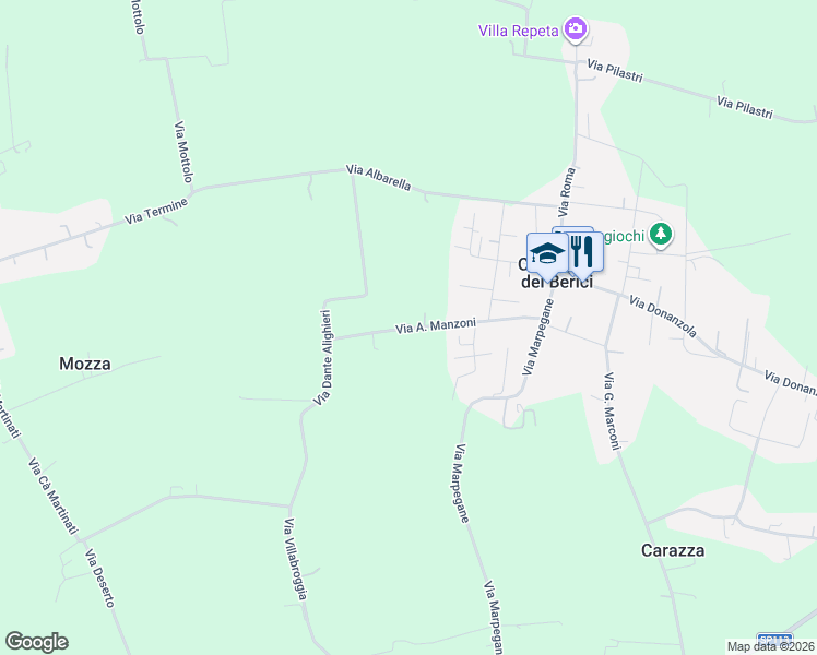 map of restaurants, bars, coffee shops, grocery stores, and more near 20 Via A. Manzoni in Provincia di Vicenza