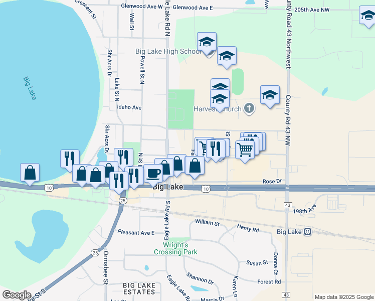 map of restaurants, bars, coffee shops, grocery stores, and more near 320 Eagle Lake Road South in Big Lake