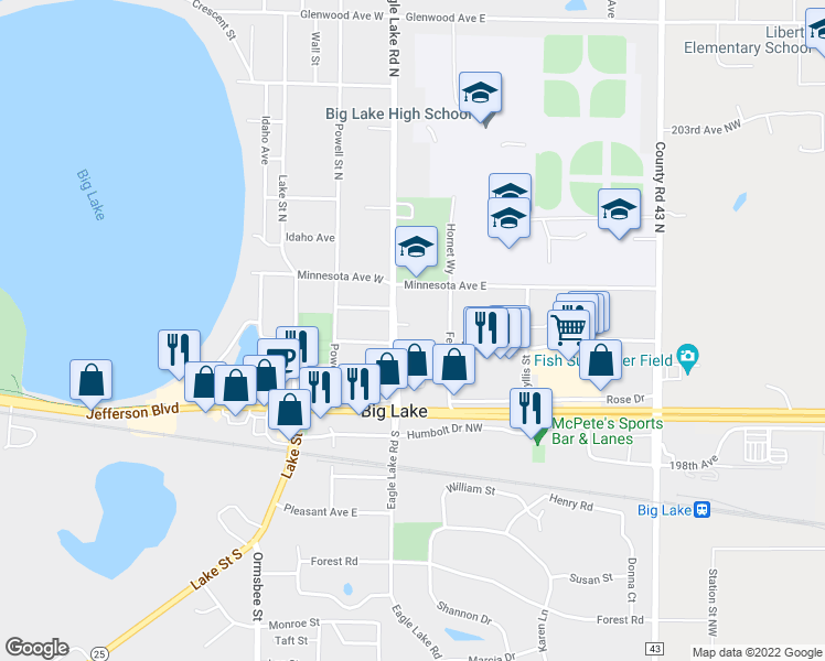 map of restaurants, bars, coffee shops, grocery stores, and more near 320 Eagle Lake Road South in Big Lake