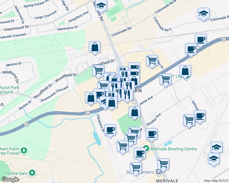 map of restaurants, bars, coffee shops, grocery stores, and more near 527 West Hunt Club Road in Ottawa