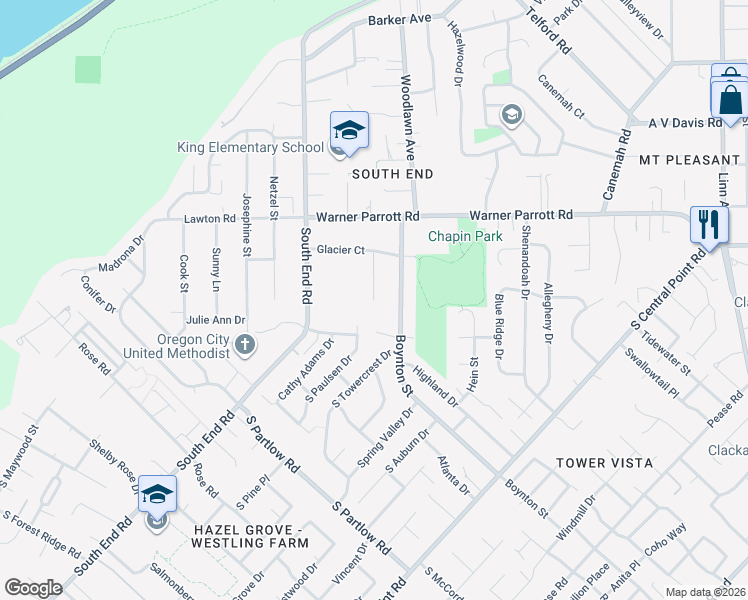 map of restaurants, bars, coffee shops, grocery stores, and more near 18798 Lassen Court in Oregon City