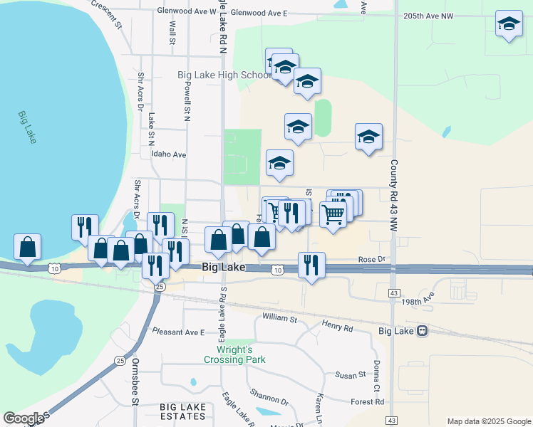 map of restaurants, bars, coffee shops, grocery stores, and more near 350 Fern Street in Big Lake