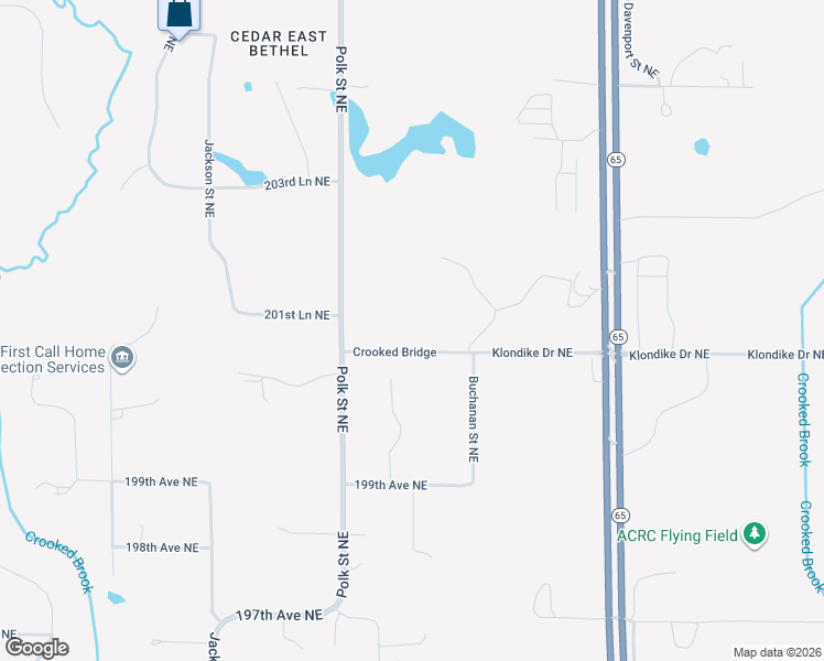 map of restaurants, bars, coffee shops, grocery stores, and more near 1105 Klondike Drive Northeast in East Bethel