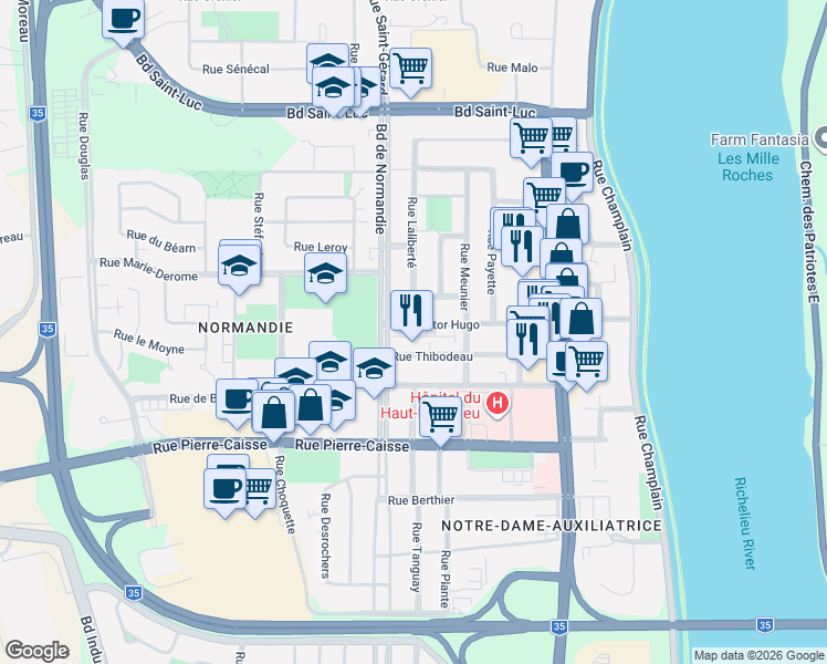 map of restaurants, bars, coffee shops, grocery stores, and more near 434 Rue Victor Hugo in Saint-Jean-sur-Richelieu